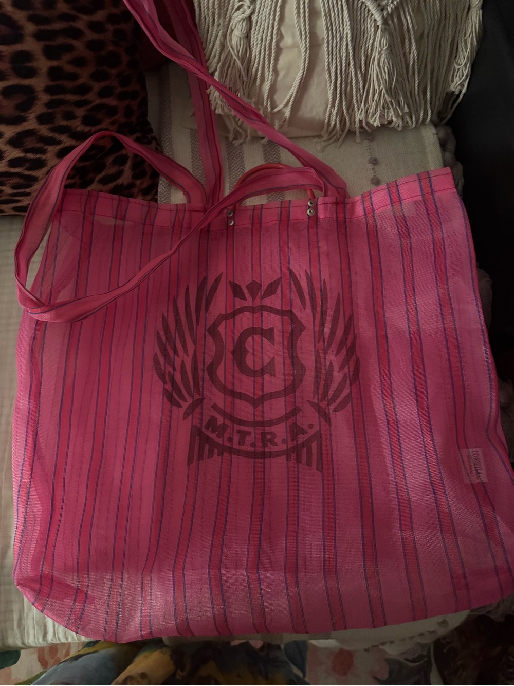 Consuela Pink Striped MESH Shopping  Bag with Crest Design